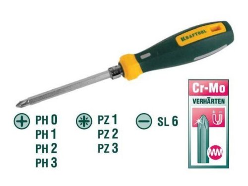 Отвертка двусторонняя Kraftool универсальная, PH0-1-2-3, PZ1-2-3, SL 6мм, 8-в-1, 26168  картинка